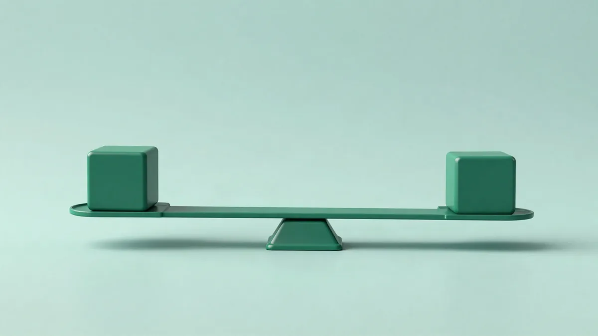 Flat illustration of a balance beam resting perfectly level with one identical cube on each pan, in deep green tones