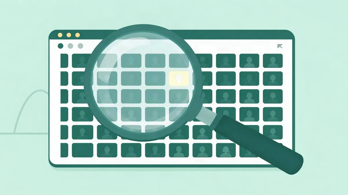 Flat illustration of a magnifying glass over a browser window split into a grid of audience blocks, with one block highlighted