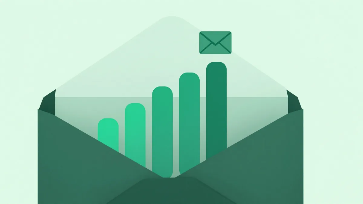 Abstract geometric envelope opening to reveal a rising bar chart in deep green and teal, representing the measured results of an email A/B test