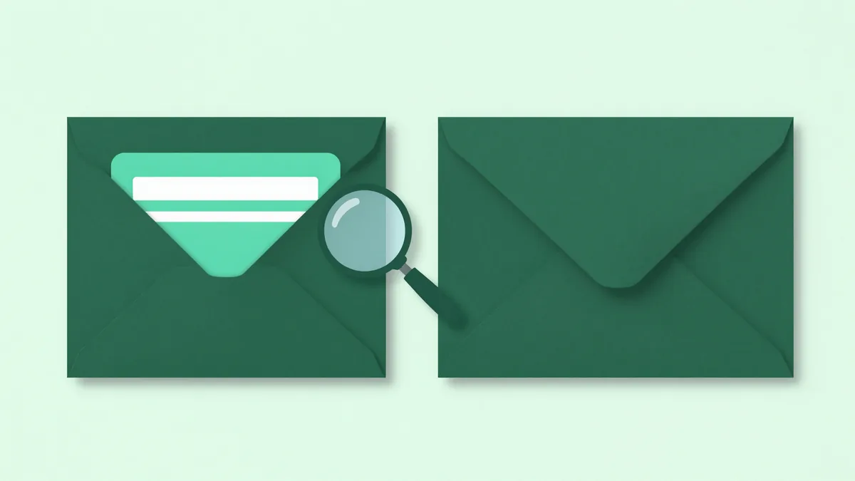 Two abstract envelope cards side by side in deep green and teal with a magnifying glass between them, representing a subject line comparison test