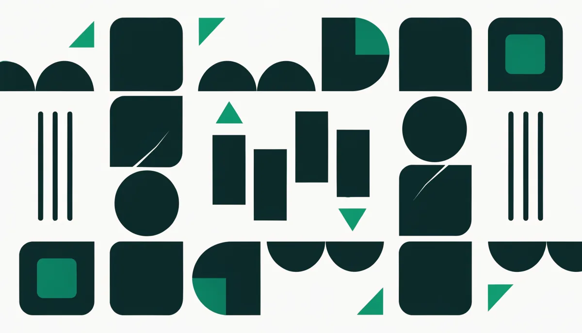 Abstract illustration of orderly geometric shapes with a few cracked or mismatched pieces and small warning accents, in dark teal and green, representing hidden mistakes in data analysis