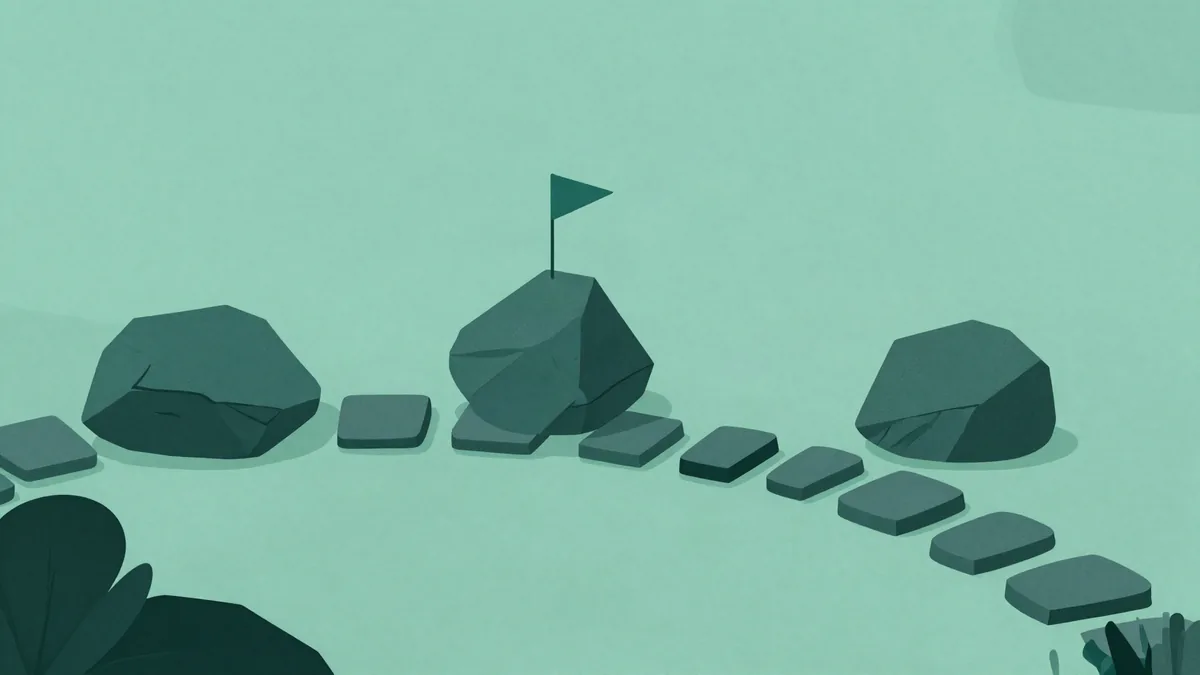 Flat illustration of a stepping stone path seen from above with three large boulders blocking the middle and a small flag at the far end
