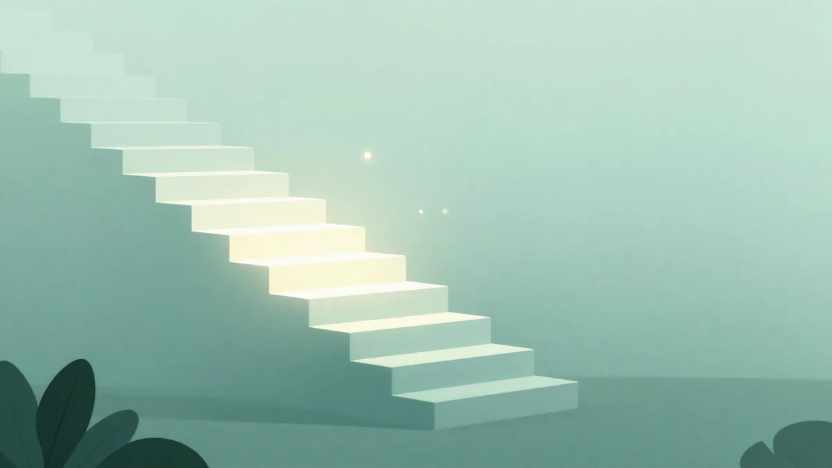 Abstract illustration of a glowing staircase with one step lit brighter than the rest, representing an activation moment