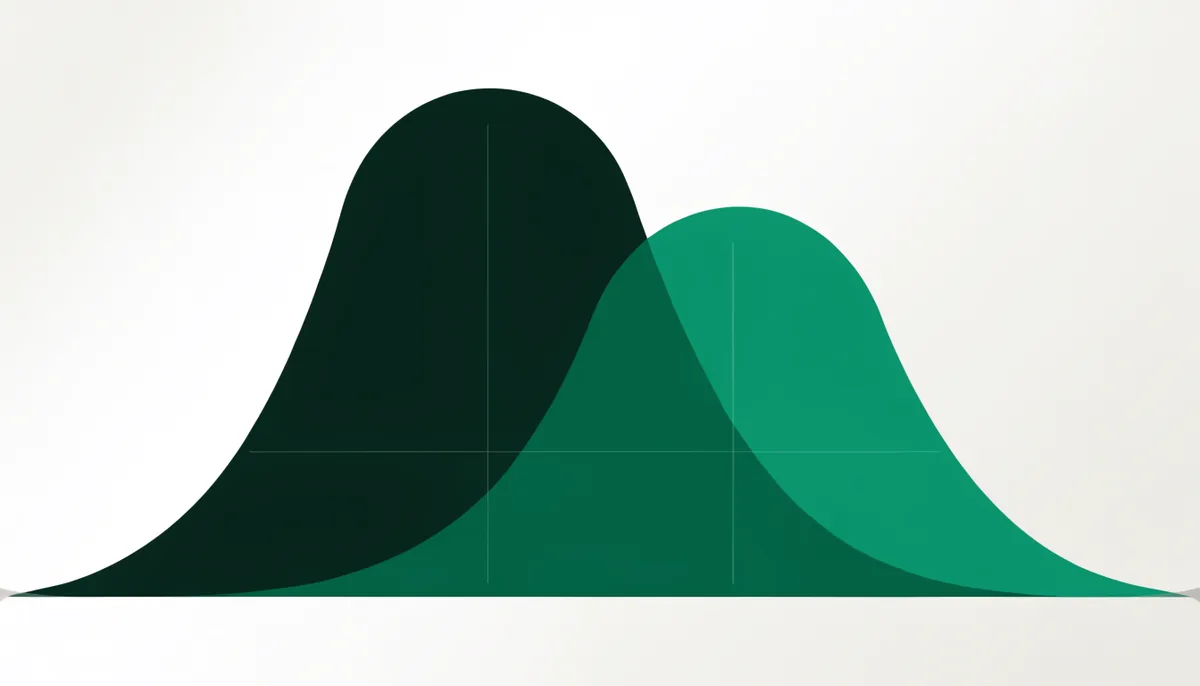 Abstract illustration of two overlapping bell curves representing statistical significance in an A/B test