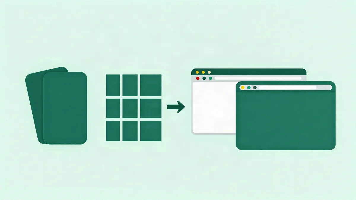 Abstract illustration of two cards, a grid of nine combination squares and two separate browser windows side by side