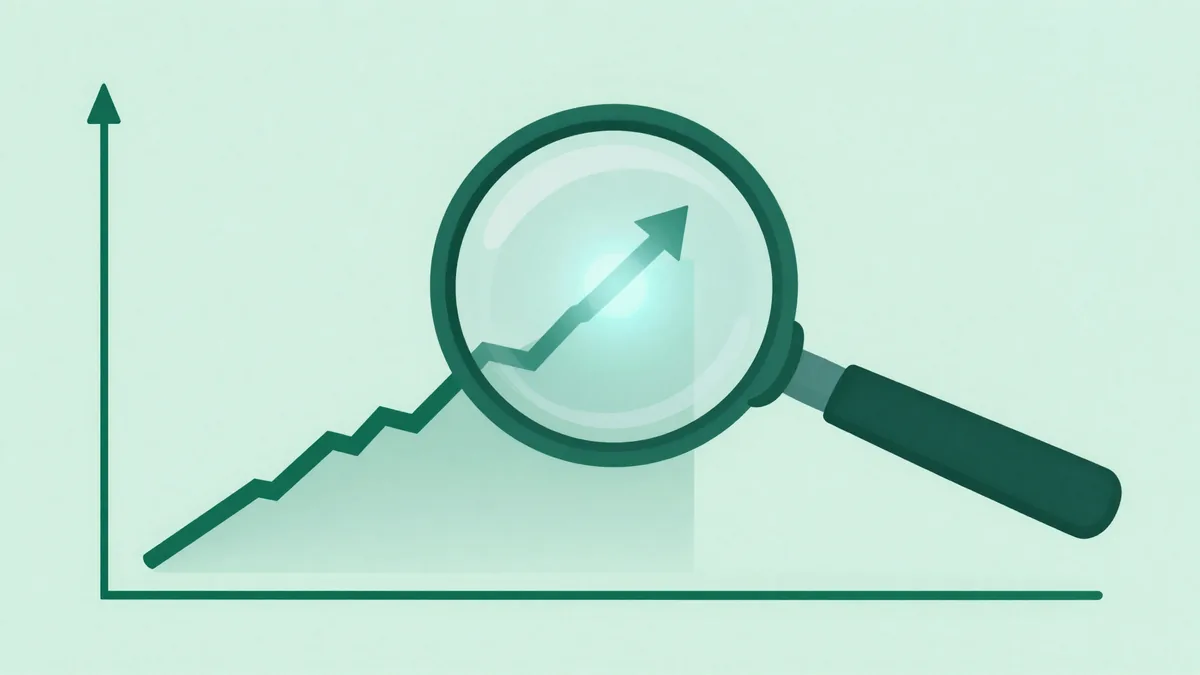 Abstract editorial illustration in dark green and teal of a magnifying glass over a rising data point on a simple ascending chart, representing the search for the metric that predicts retention