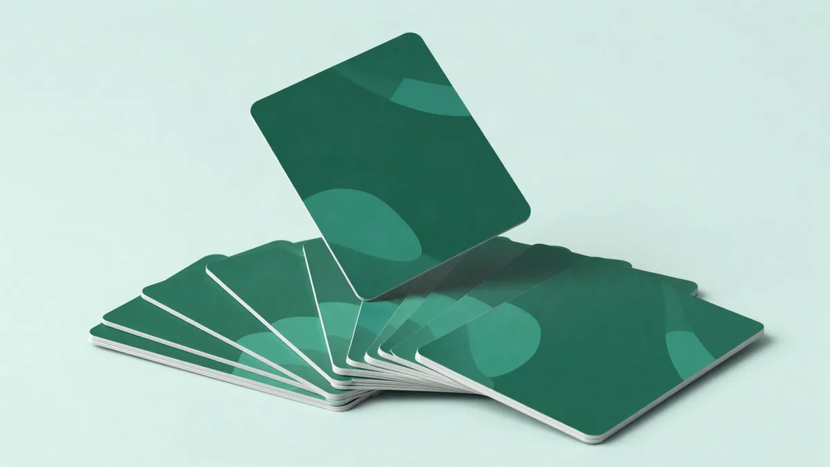 Flat illustration of a fanned stack of blank cards on a surface with one card lifted above the others under a soft cone of light, on a mint green background