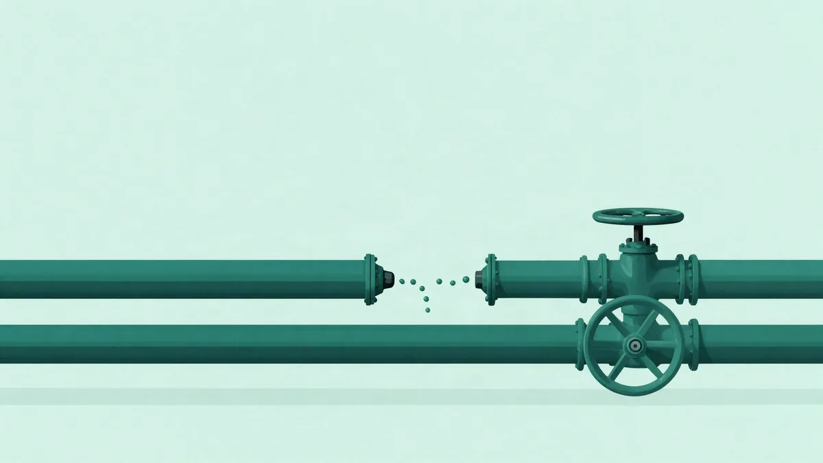 Flat illustration of two parallel pipes with valve wheels, a few small beads leaking from one pipe into the other, on a mint green background