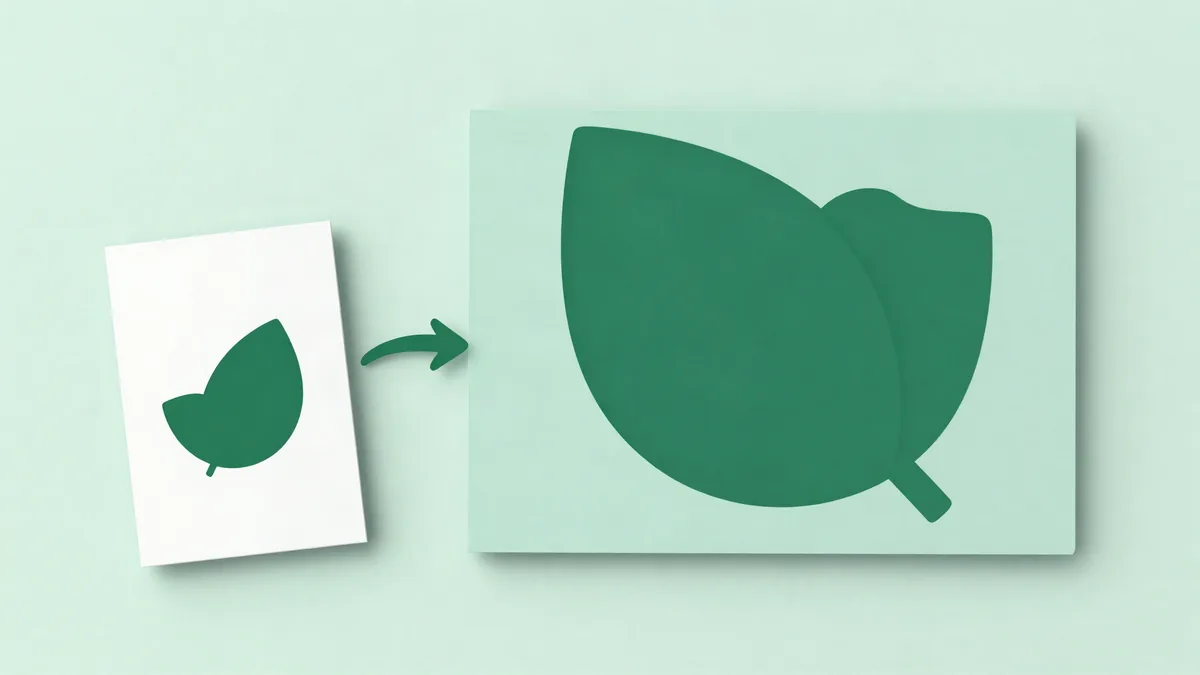 Flat illustration of a small card on the left joined by a curved arrow to a tall page on the right, the same leaf shape appearing small on the card and large on the page, on a mint green background