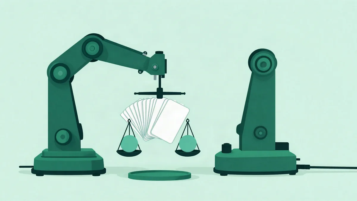 Abstract illustration of a mechanical arm producing a fan of identical cards, with a scale weighing two of them