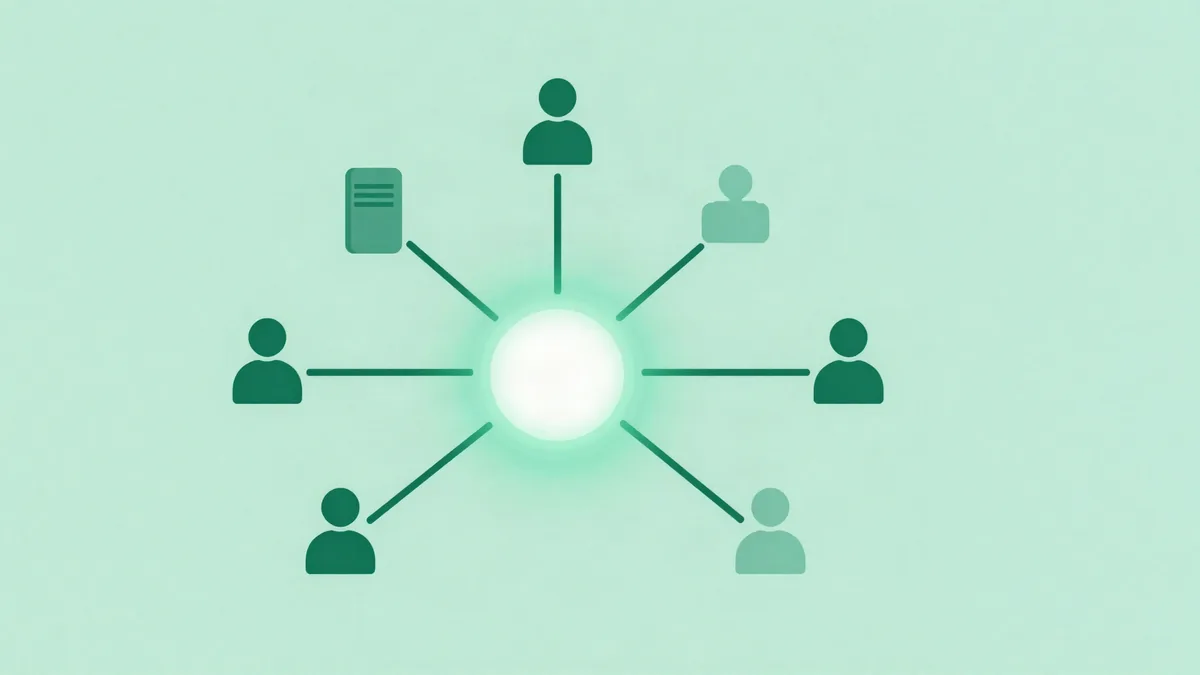 Illustration of a glowing central node branching into several paths, each ending in a different human silhouette