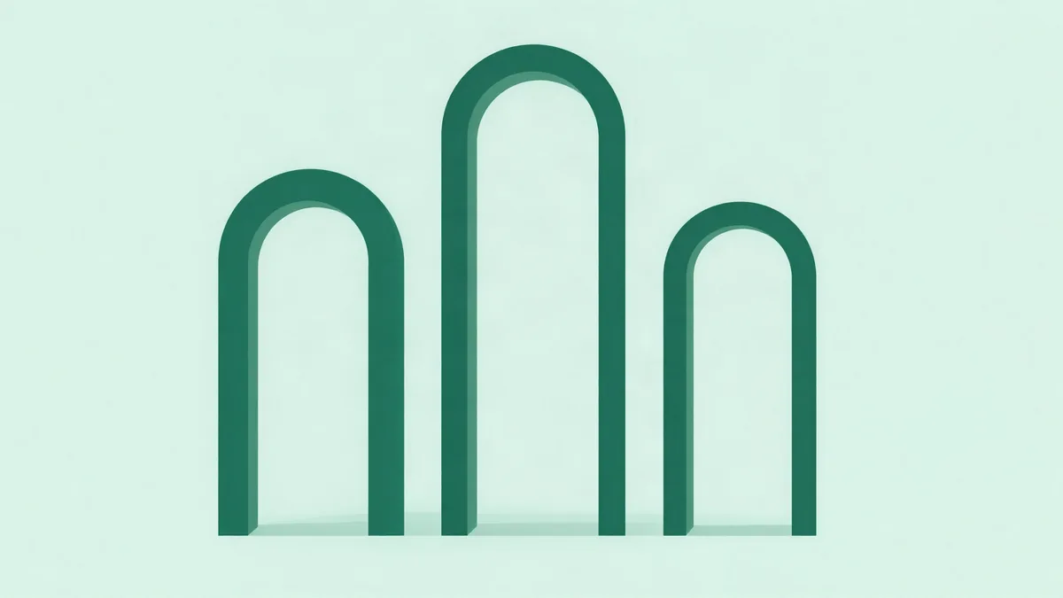 Ilustração plana de três arcos verdes de alturas diferentes lado a lado sobre fundo verde-menta, o do meio bem mais alto e os laterais progressivamente mais baixos