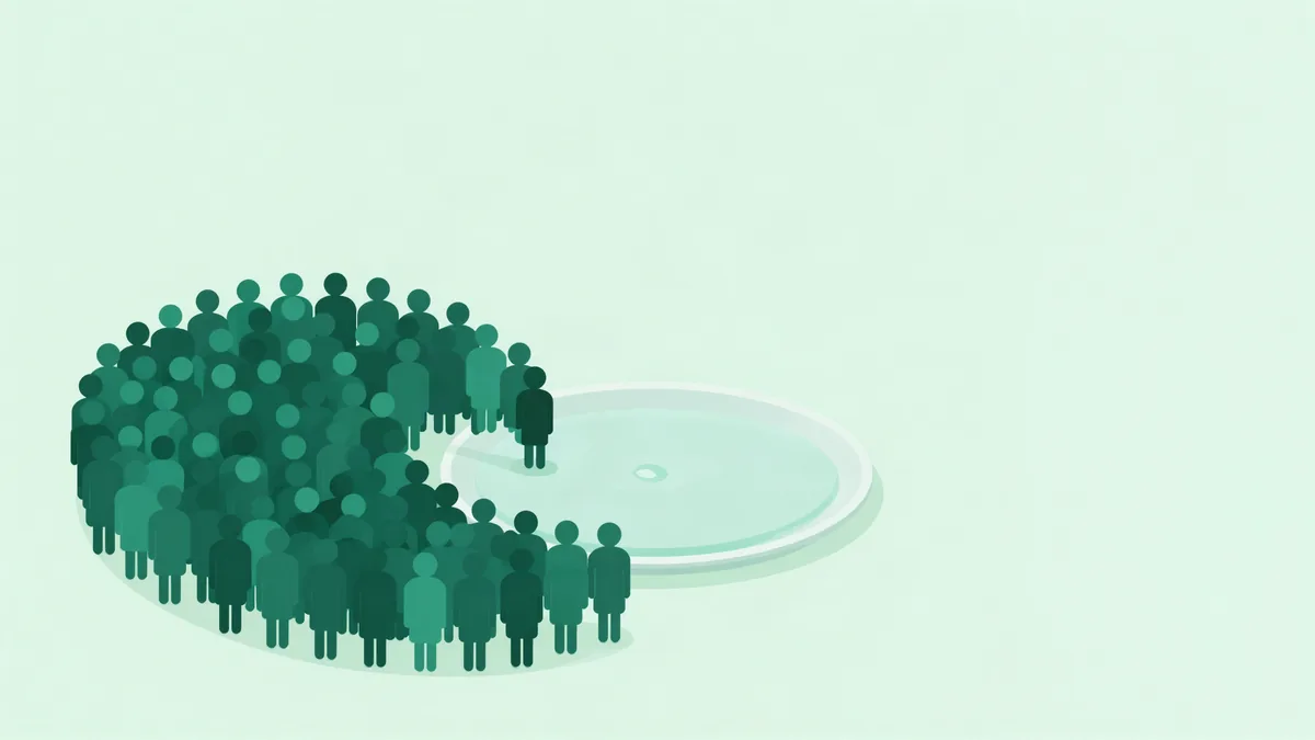 Ilustração plana de uma multidão redonda de figuras pequenas com uma fatia recortada ao lado, e uma bandeja rasa e larga onde uma gota se espalha até quase sumir, em tons de verde profundo
