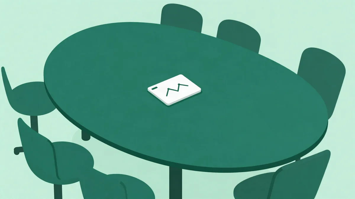 Ilustração plana de uma mesa de reunião oval vista de cima, com cadeiras ao redor e um cartão no centro mostrando uma linha ascendente
