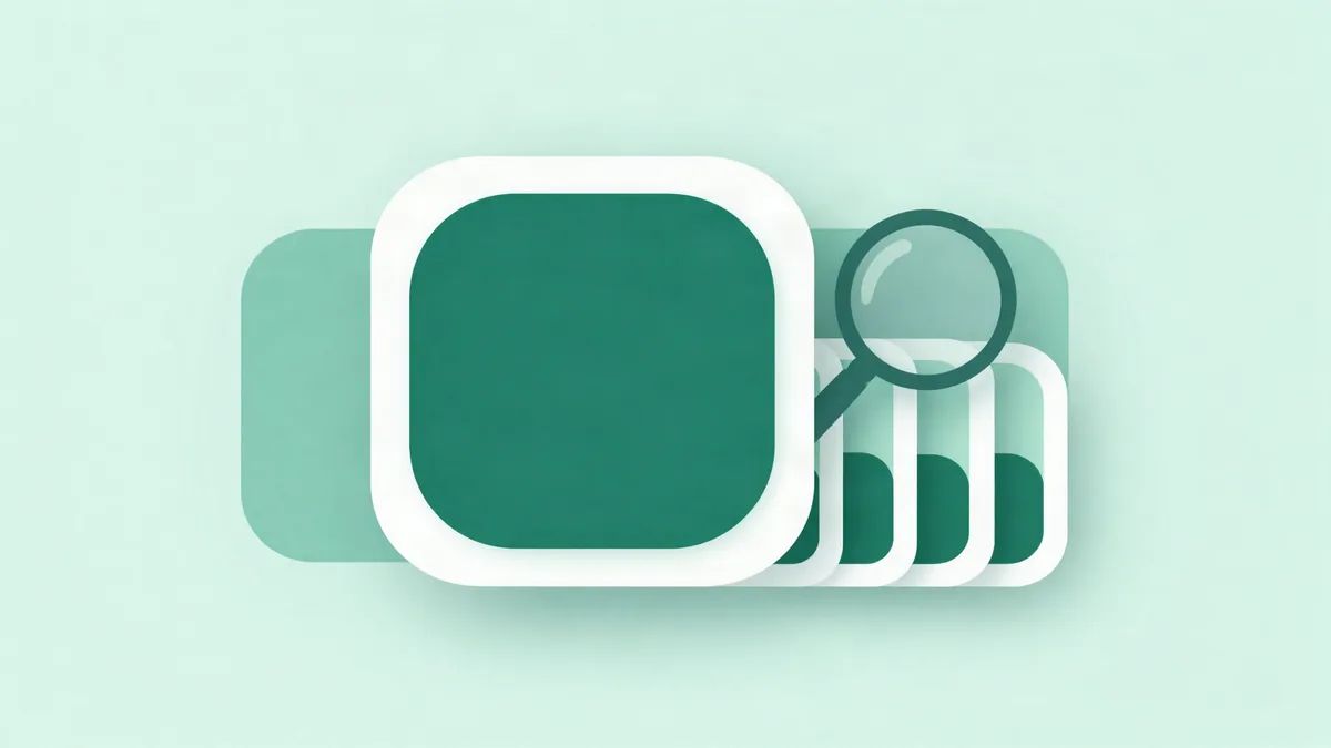 Flat illustration of an abstract app store listing card with a rounded icon and preview panels, with a second variant of the same card overlapping behind it