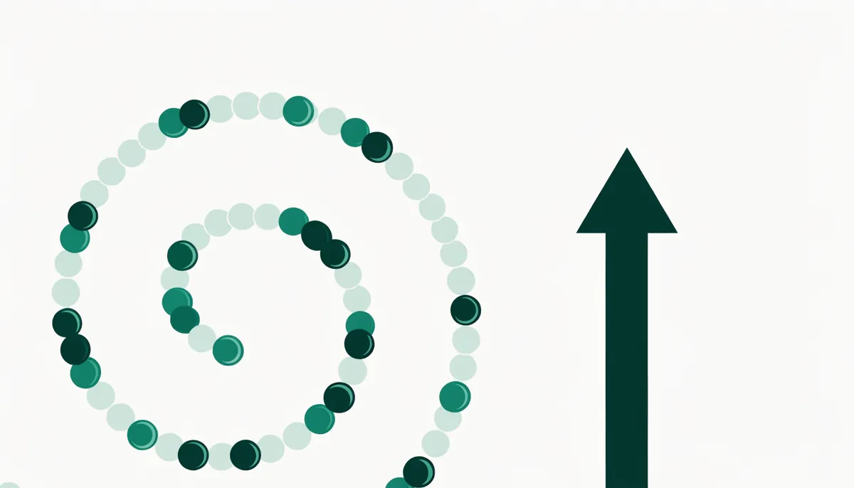 Ilustração abstrata de dois caminhos geométricos, um em espiral cíclica e outro em linha reta ascendente, em tons de verde escuro e teal, sem texto