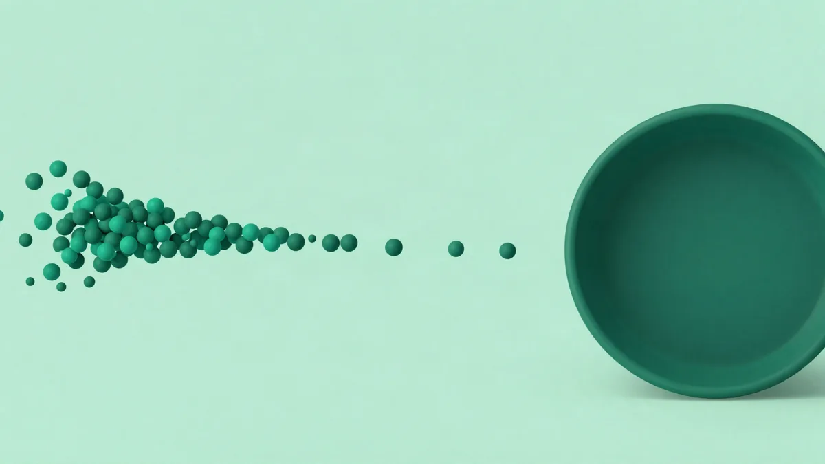 Ilustração plana de um fluxo de pequenas esferas viajando de um aglomerado à esquerda em direção a um recipiente redondo aberto à direita, com várias esferas ainda espalhadas no meio do caminho