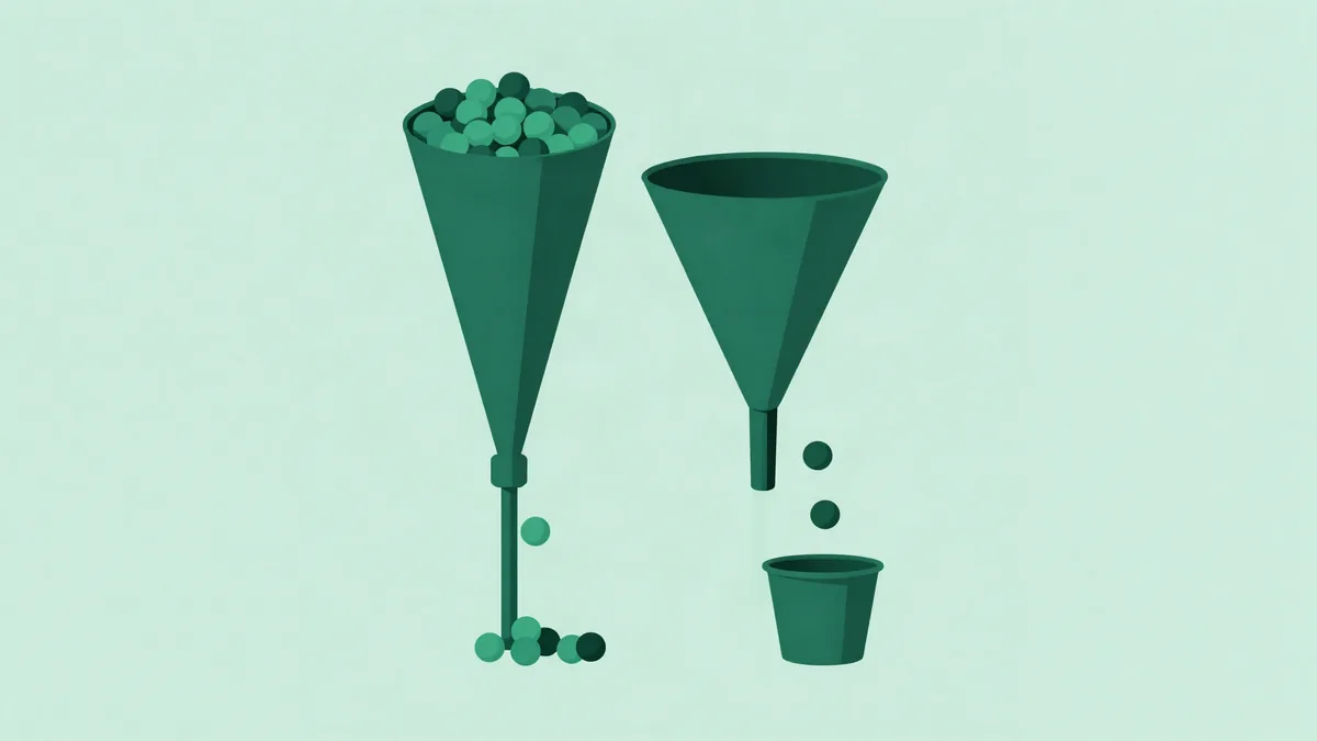 Ilustração plana de dois funis verdes lado a lado, um cheio de esferas com algumas escapando pela lateral e outro despejando poucas esferas num copo pequeno