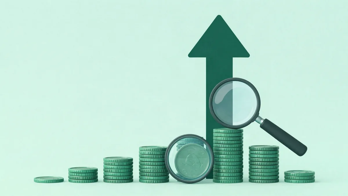 Flat illustration of a large upward arrow rising behind stacks of coins of increasing height, with a magnifying glass isolating one coin from the stack