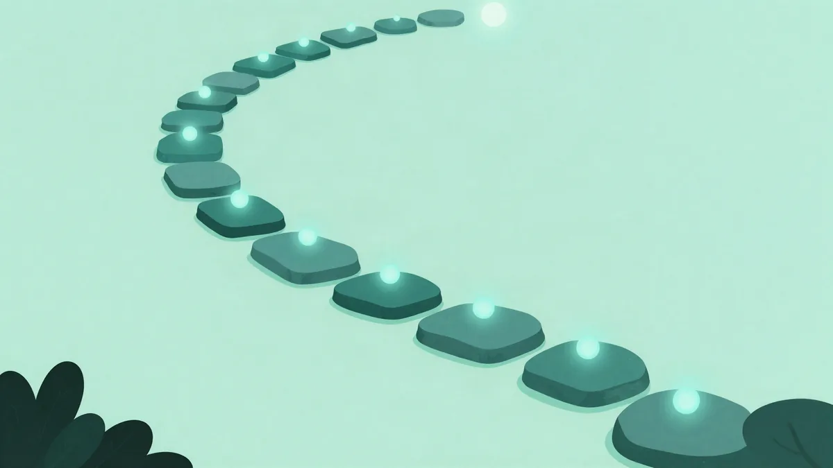 Flat illustration of a stepping stone path with small lights of varying intensity on each stone, leading to a glowing marker at the end, on a mint green background