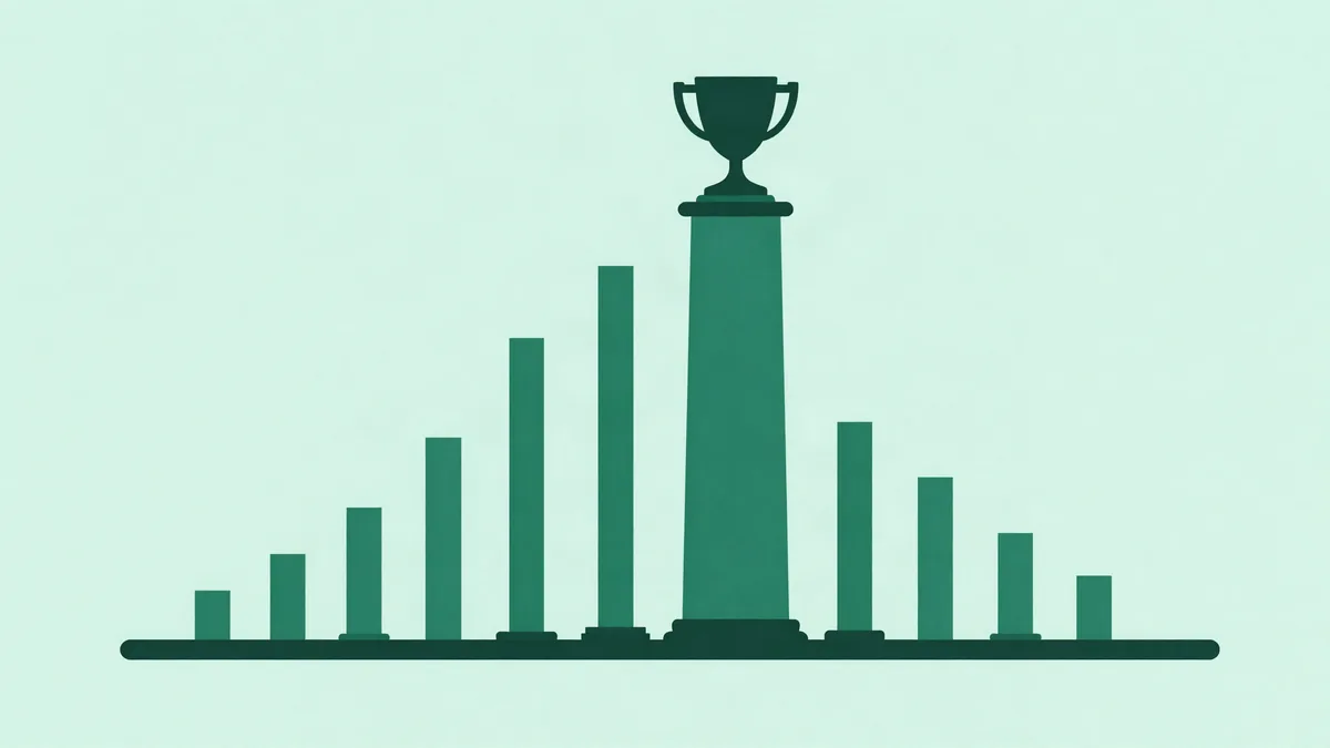 Flat illustration of a long row of short bars with three taller bars rising above them and a simple trophy resting on the tallest one