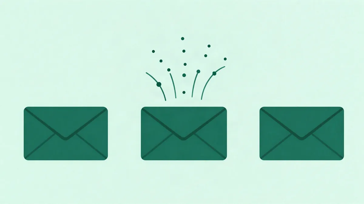 Ilustração abstrata em verde escuro e teal com três envelopes e um fluxo de pontos convergindo para o do meio, representando um bandit escolhendo o assunto de e-mail