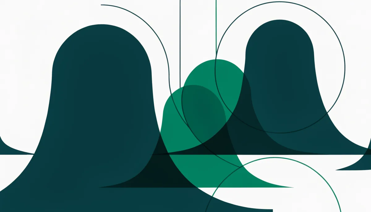 Abstract illustration of overlapping probability distribution curves in dark teal and green, representing Bayesian statistics