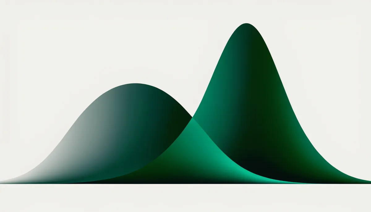 Abstract illustration of two overlapping probability distribution curves, one wide and flat and one narrow and tall, shifting into each other, representing a prior belief being reshaped by evidence, in dark green and teal