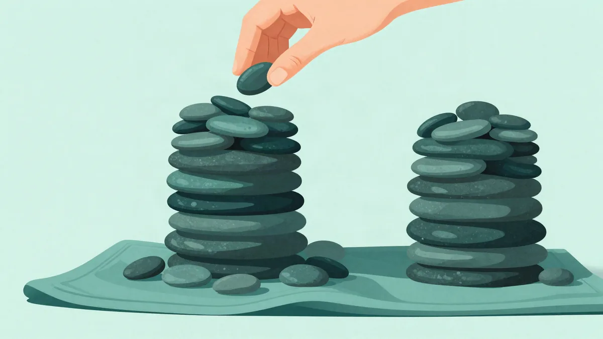 Flat illustration of two tall stacks of smooth grey pebbles resting on a folded green cloth, with a hand placing one more pebble on top of the left stack