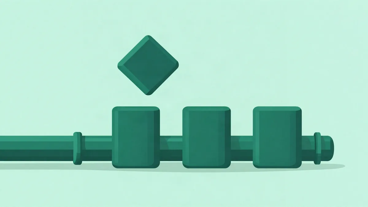 Ilustração plana de um duto horizontal com três blocos pesados em cima, um deles sendo retirado para liberar a passagem