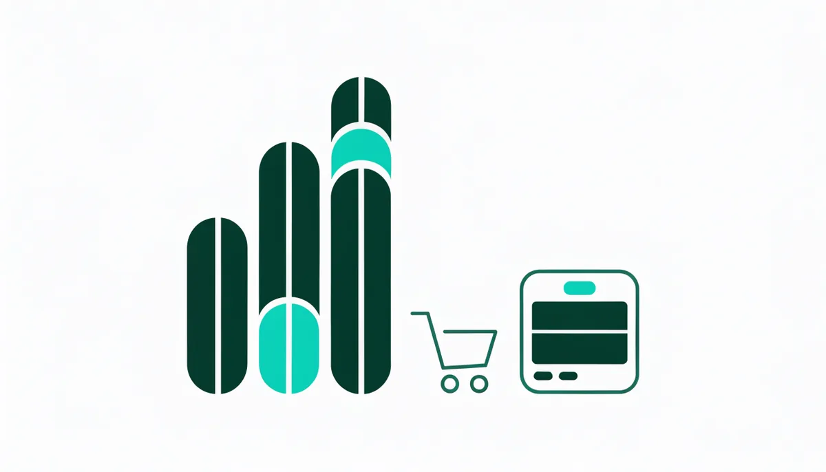 Ilustração abstrata de barras de gráfico ao lado de um ícone de carrinho de compras e um ícone de janela de software, representando benchmarks de e-commerce e SaaS