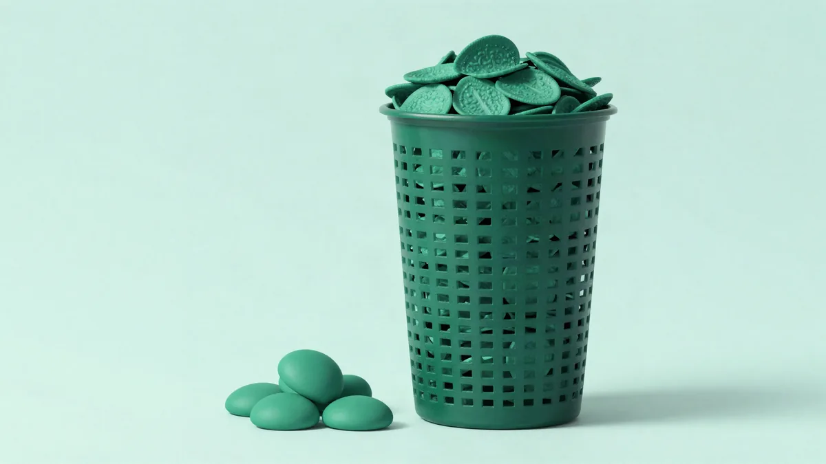 Flat illustration of a tall perforated basket packed with identical stacked discs held above, and a small separate group of smooth rounded shapes resting cleanly below it, in deep green tones