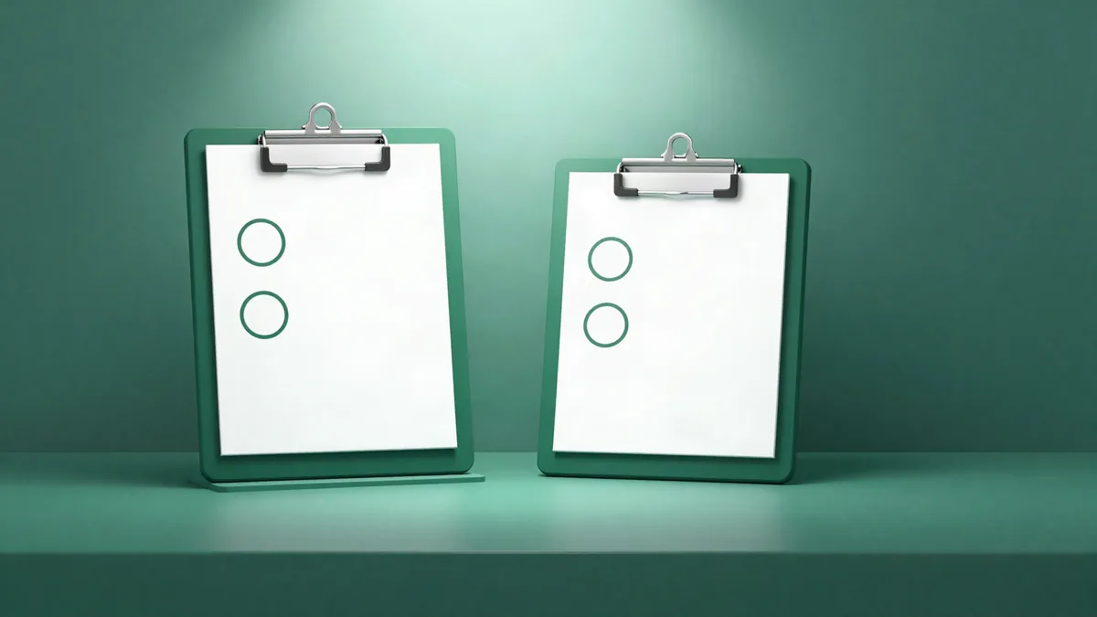Flat illustration of two identical clipboards side by side under a soft glow, each holding a blank card with two empty round checkboxes, one clipboard raised slightly higher than the other