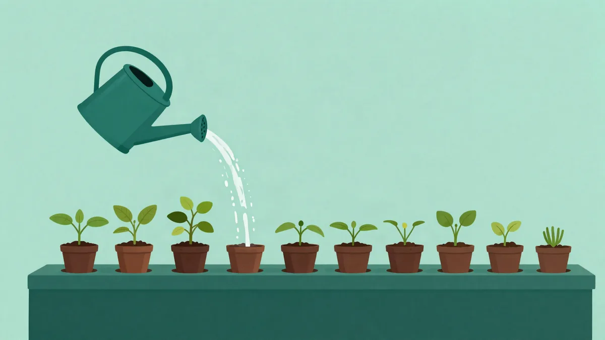 Flat illustration of a watering can pouring a single stream over a row of potted seedlings of uneven height on a long planter, on a mint green background