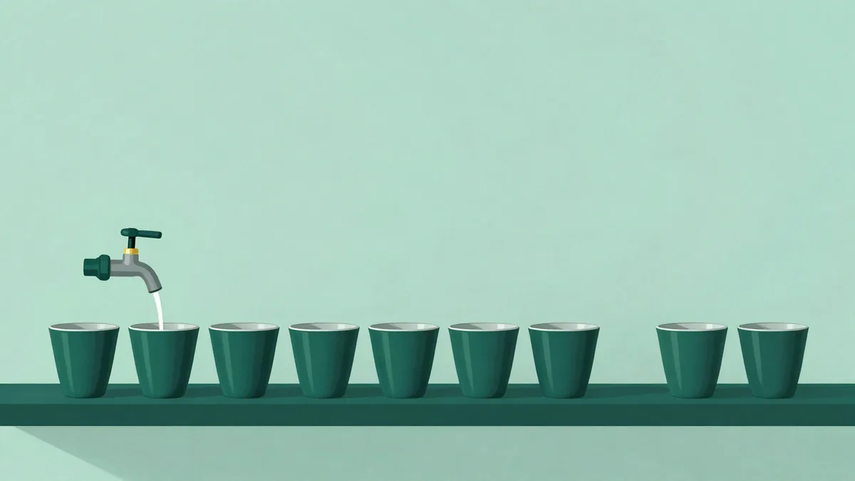 Flat illustration of a tap dripping into the first of a long row of identical cups on a shelf, the cups on the right still empty, on a mint green background