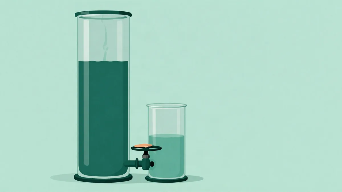 Flat illustration of two glass tanks joined at the base by a valve, liquid flowing from the fuller tank into the emptier one, on a mint green background