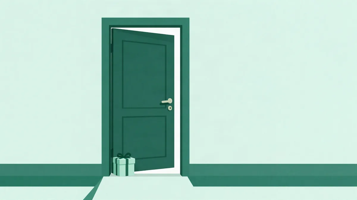 Flat illustration of a half-open door with a small gift box on the threshold and a path splitting in two