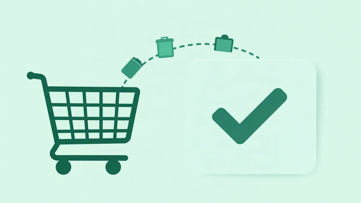 Abstract flat illustration of an empty shopping cart connected by a dotted path to a panel with a check mark, with product blocks travelling along the path