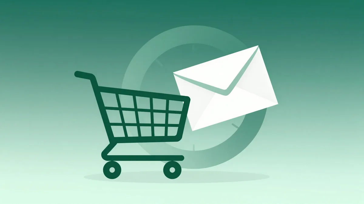 Abstract deep green shopping cart tipped slightly with a paper envelope floating beside it and a soft timer ring behind, on a light mint background