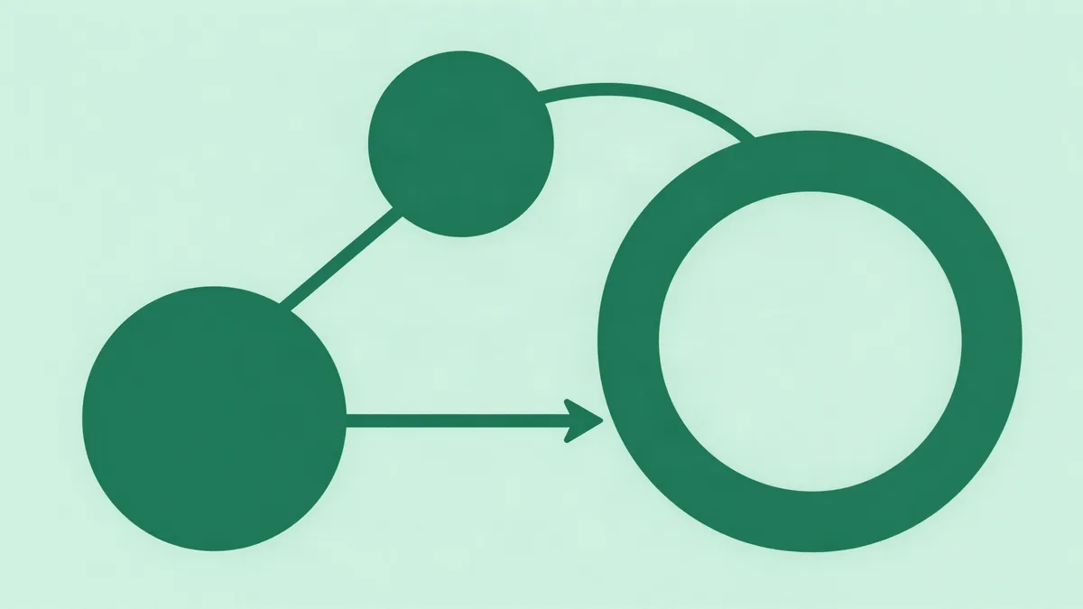Flat illustration of two paths linking a filled circle to a ring, one detouring through a smaller circle above and the other running straight across