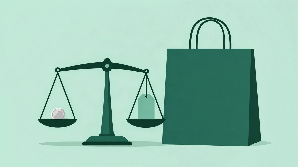 Flat illustration of a balance scale holding a single coin on one pan and a blank paper tag on the other, with a plain shopping bag beside it, on a mint green background