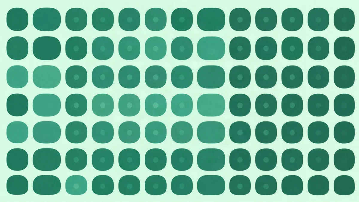 Flat illustration of a grid of rounded green squares in varying shades, most of them holding a single small dot at the centre, arranged in even rows