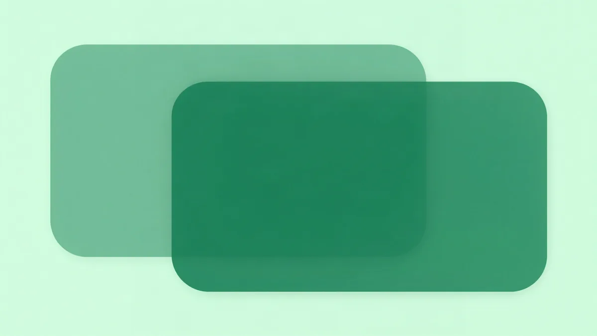 Flat illustration of two large translucent rounded rectangles overlapping, the shared region in a deeper shade, in deep green tones