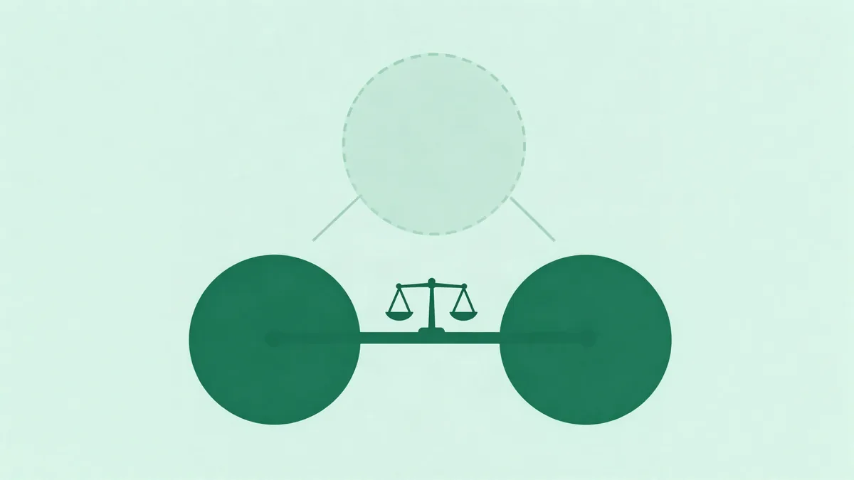 Ilustração plana de dois círculos escuros ligados por uma barra horizontal com uma pequena balança no meio, e acima deles um círculo tracejado translúcido ligado aos dois por linhas finas