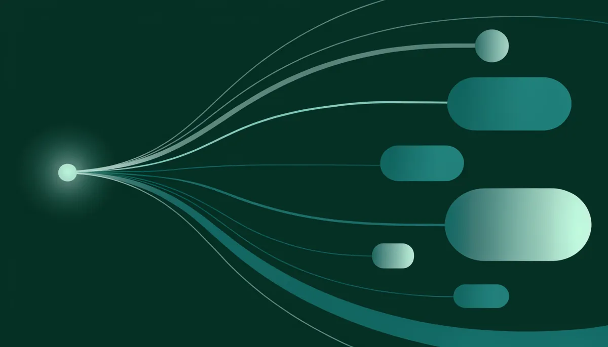 Abstract illustration of branching segmented decision paths in dark green and teal, representing a contextual bandit routing different visitors to different outcomes