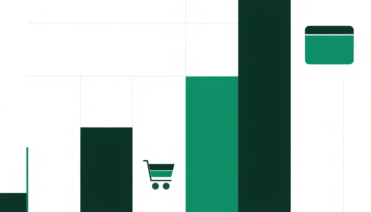 Abstract illustration of bar chart columns next to a shopping cart icon and a software window icon representing ecommerce and SaaS benchmarks