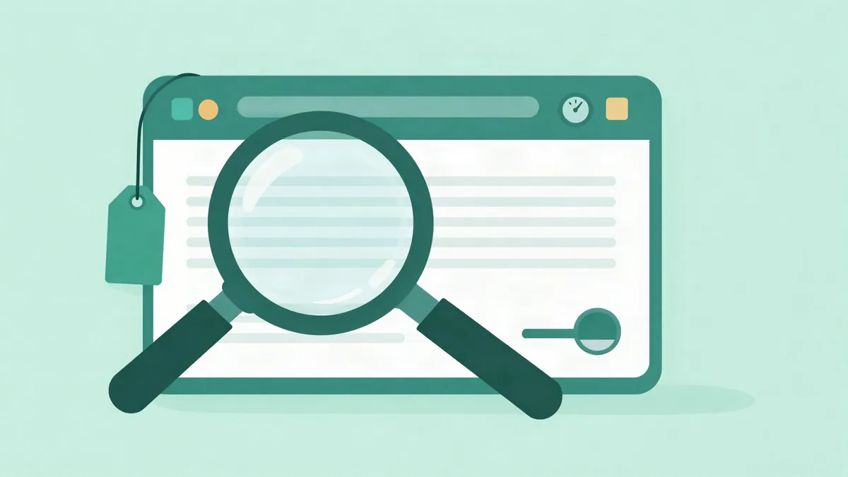 Flat illustration of a magnifying glass over a software window with content lines, a price tag and a small gauge beside it