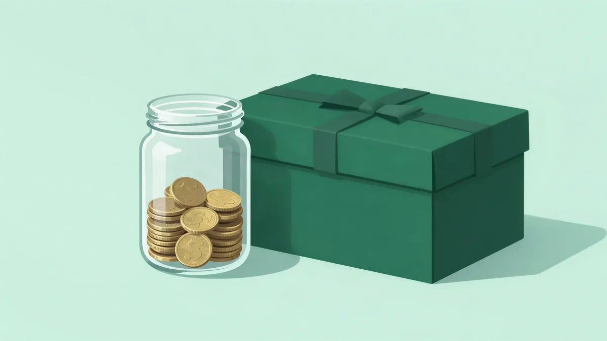 Ilustração plana de um pote de vidro transparente com moedas visíveis ao lado de uma caixa fechada e opaca com laço