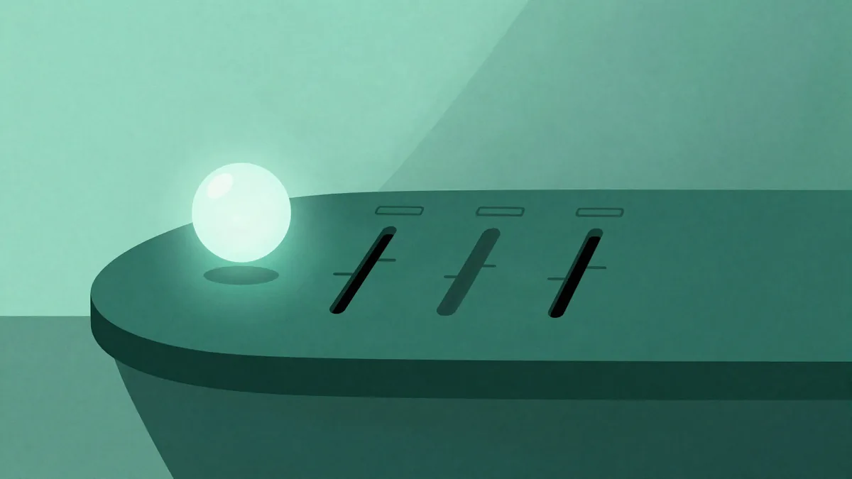 Ilustración de una pequeña esfera luminosa flotando al lado de un panel de control redondeado con controles deslizantes