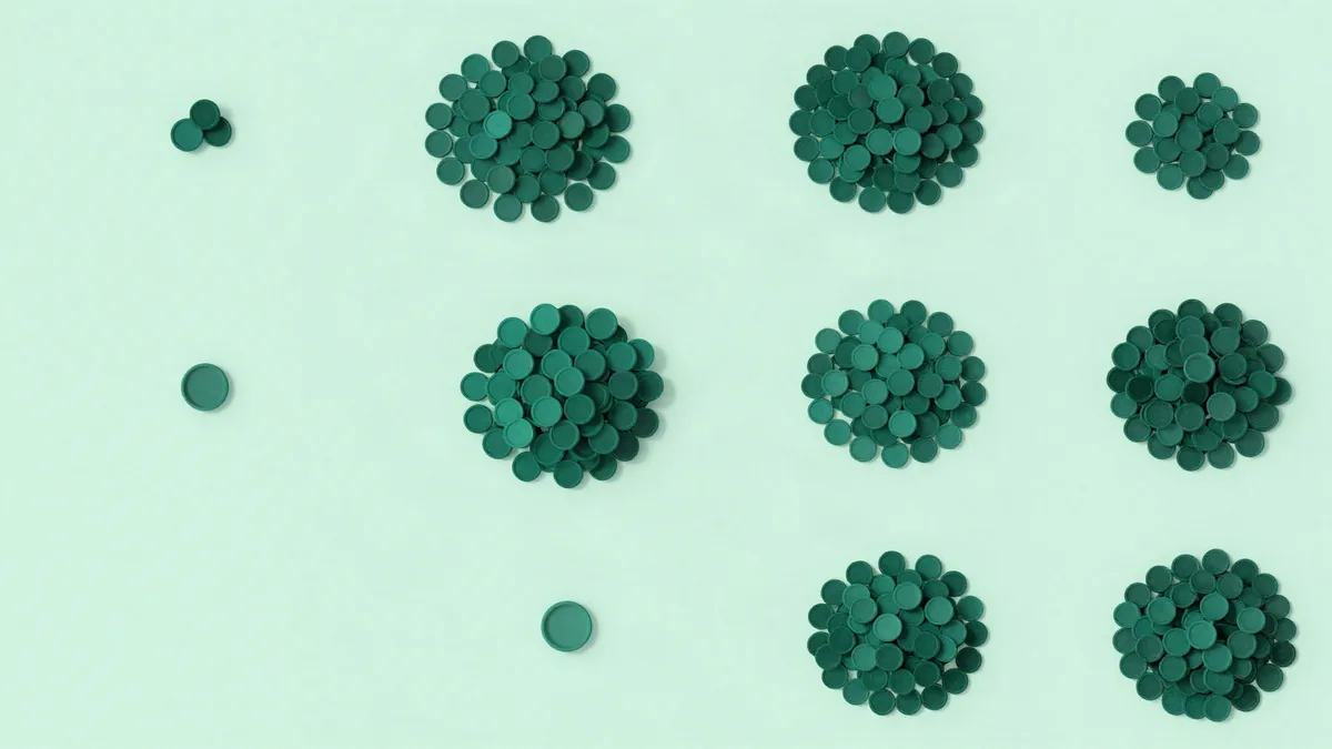 Flat illustration of small green circular counters scattered across a surface and grouped into clusters of very different sizes, a couple of them far denser than the rest